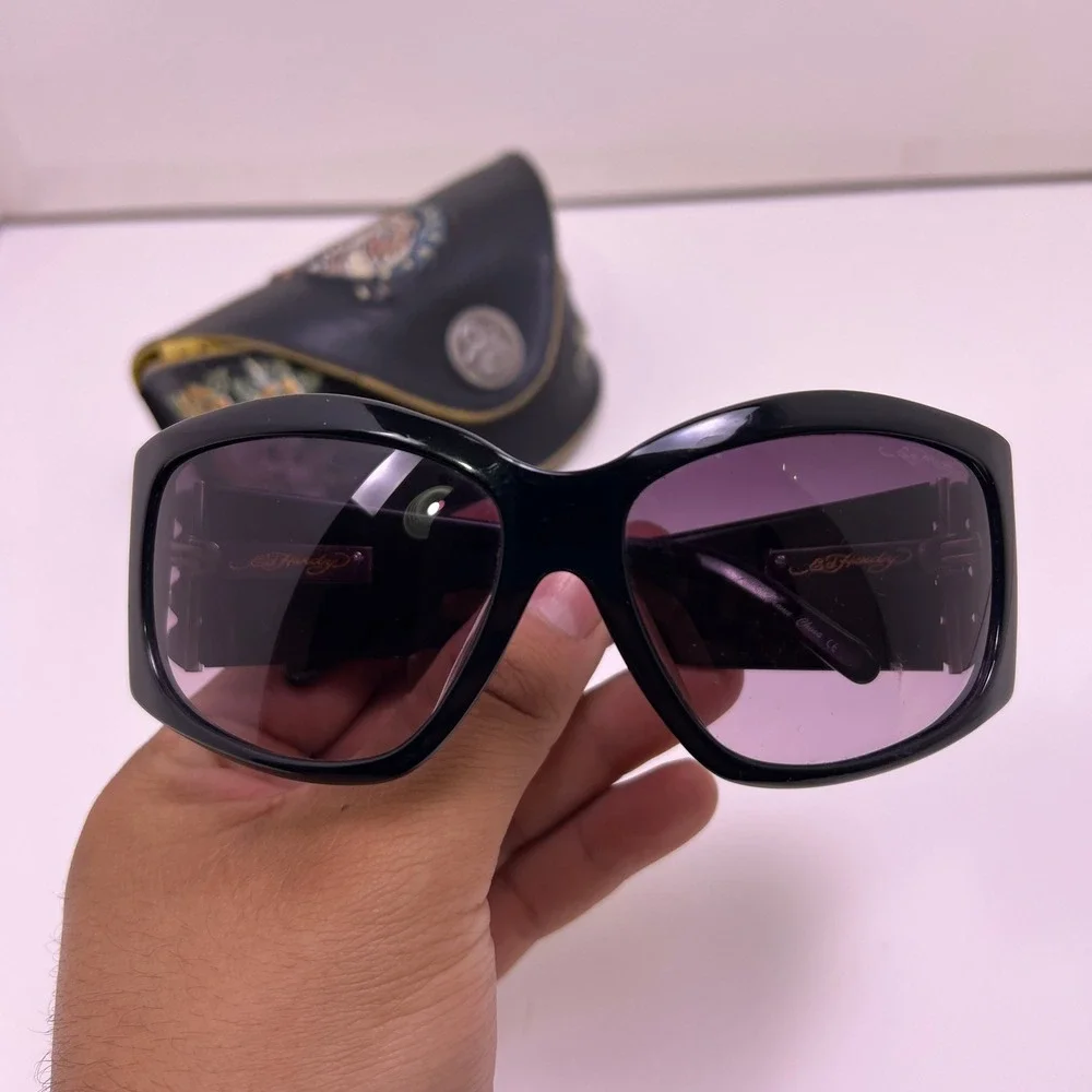 Ed Hardy Rhinestone Skull Shield Sunglasses Womens Black Acetate